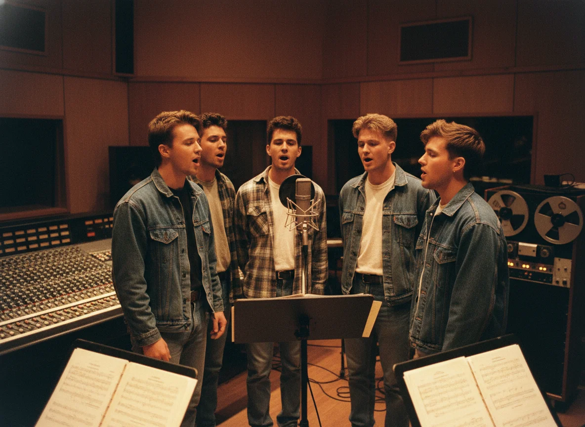 90s vocal group harmonizing in studio