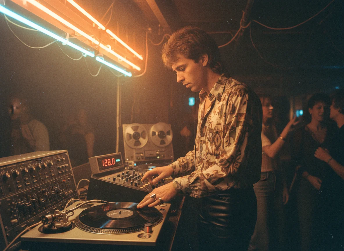 80s DJ checking BPM on turntable