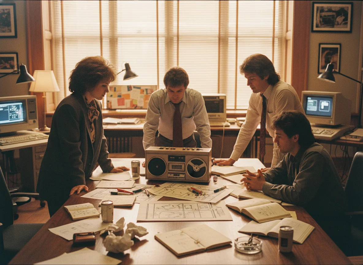 80s advertising agency with storyboards and cassette player