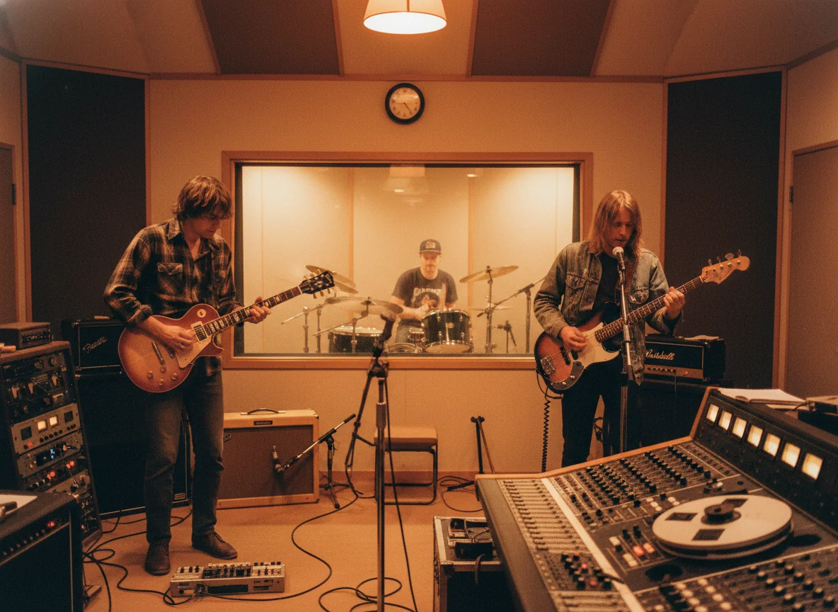 90s professional recording studio with band