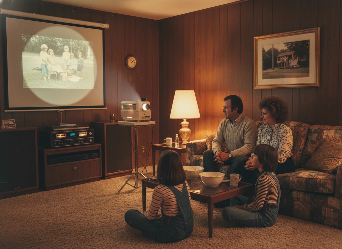 80s family watching slideshow on projector