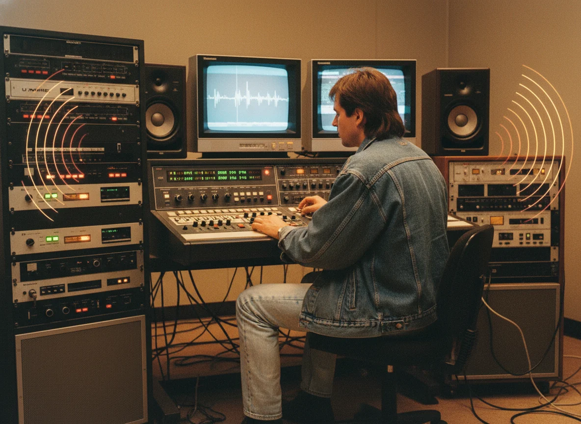 80s video editing suite with professional monitors