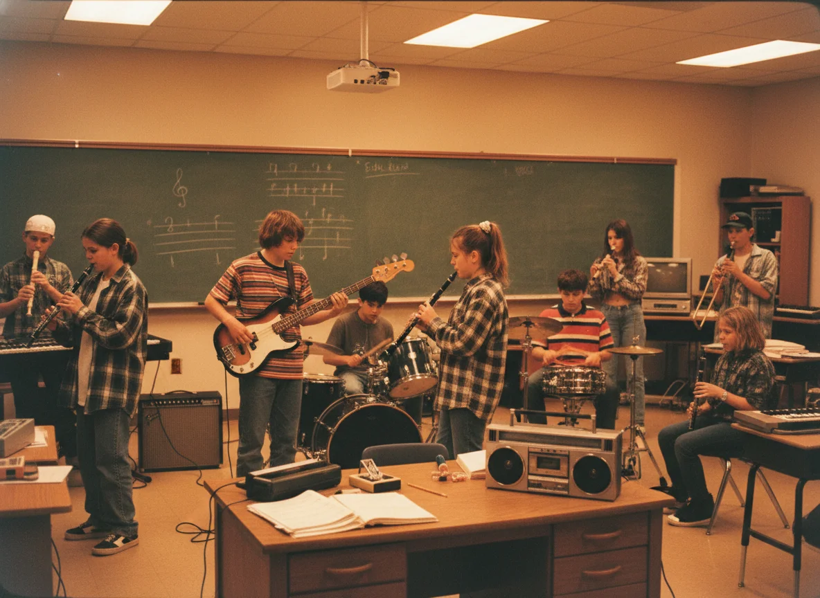 90s music classroom with students and instruments
