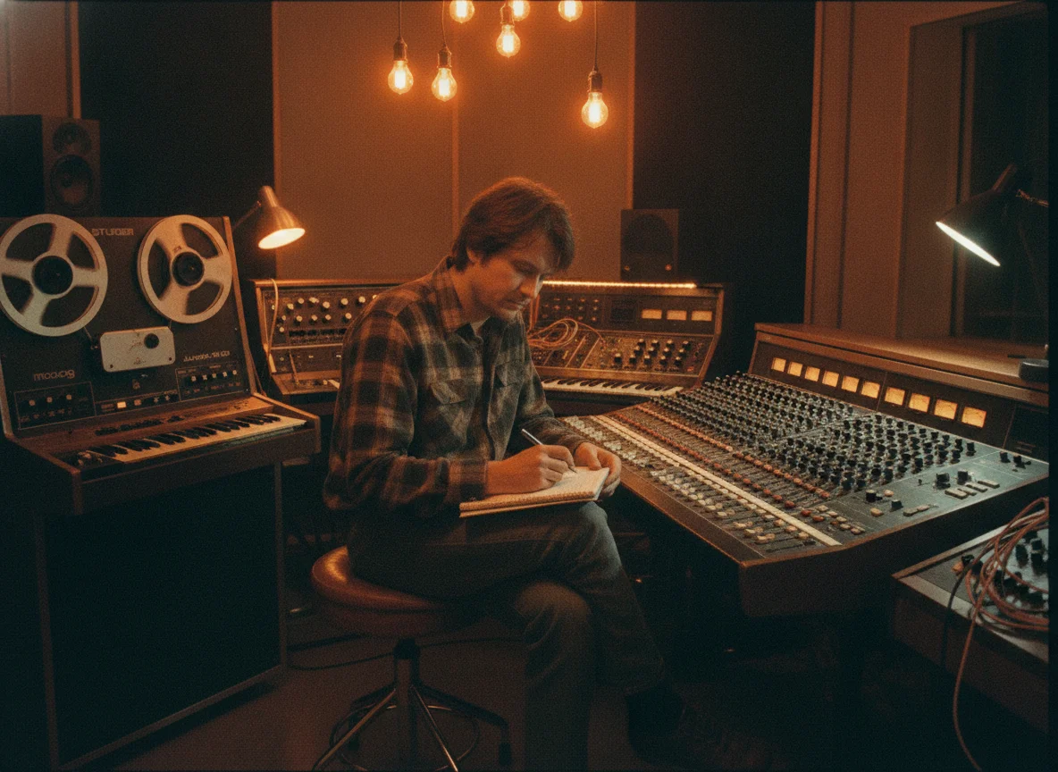 A man in a vintage recording studio intently writes lyrics in a notebook surrounded by classic equipment.