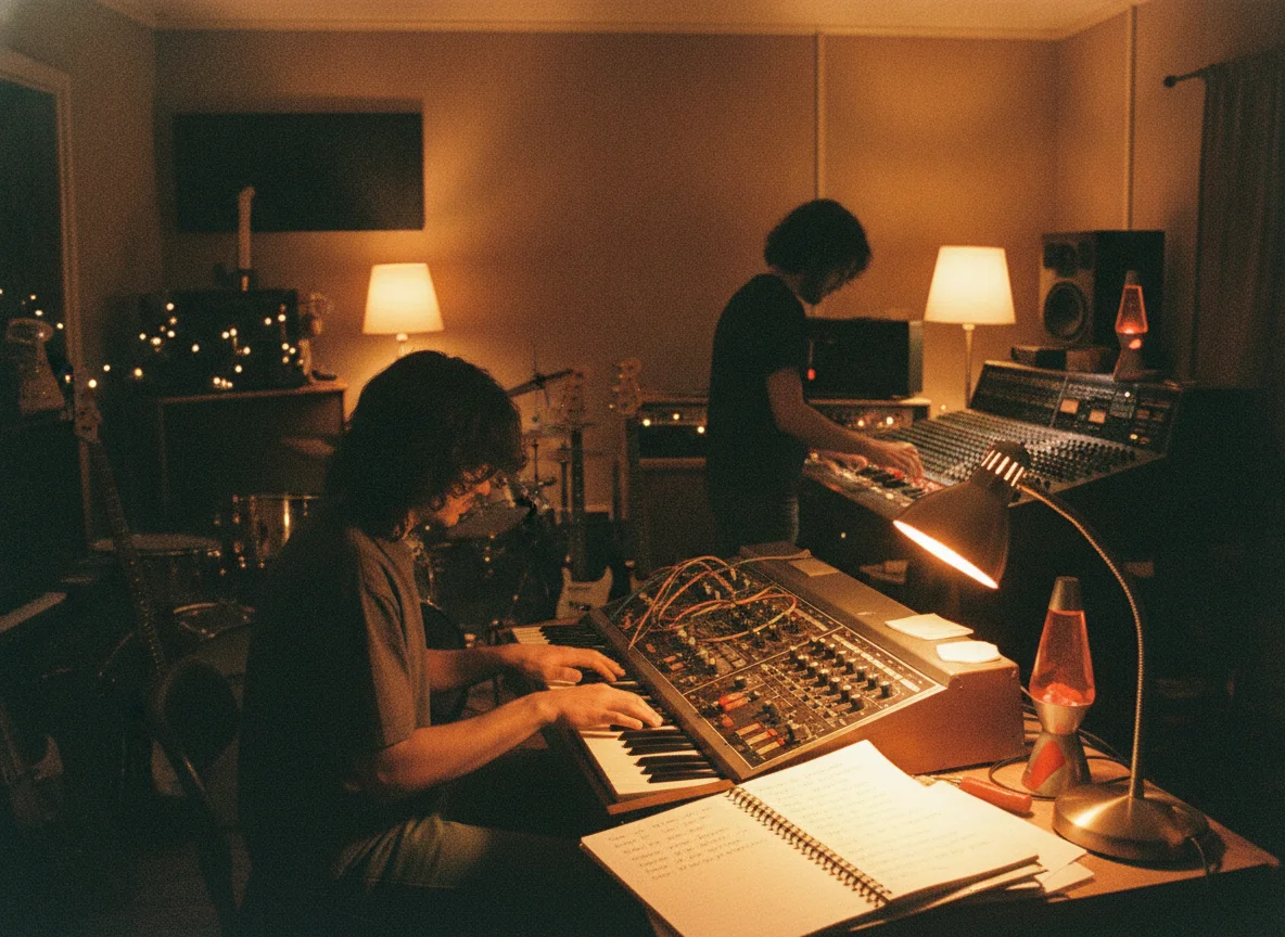Two musicians in a retro studio, one playing synthesizer, the other mixing, with a notebook of verse.