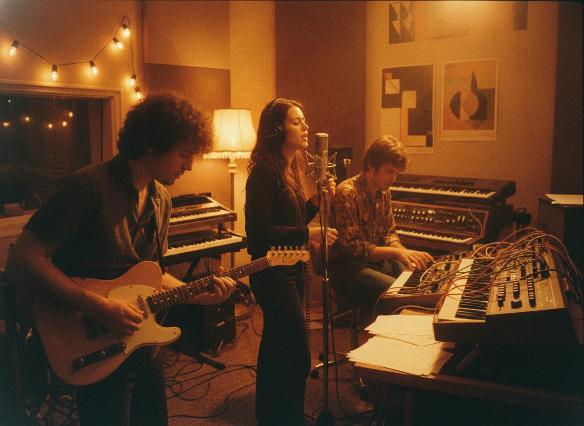 Three musicians, a guitarist, a singer with headphones, and a keyboardist, work in a warm, retro studio with sheet music.