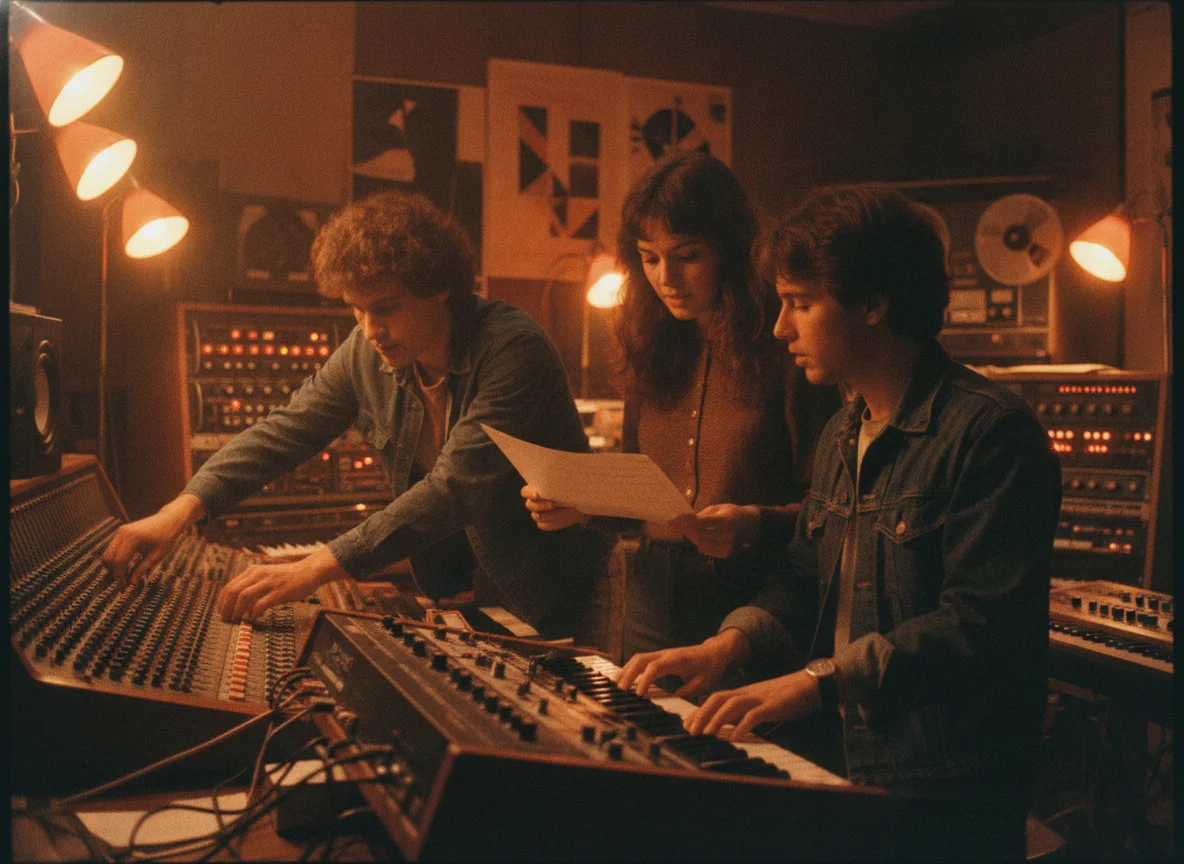 Three young people collaborate in a retro studio, one mixing, one playing keyboard, one with sheet music.