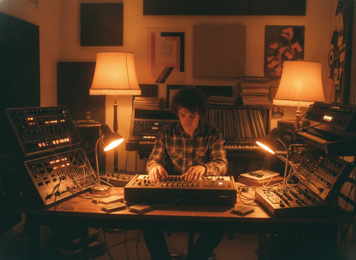 A man with curly hair plays a synthesizer in a warm-lit retro studio filled with music equipment and vinyl records.