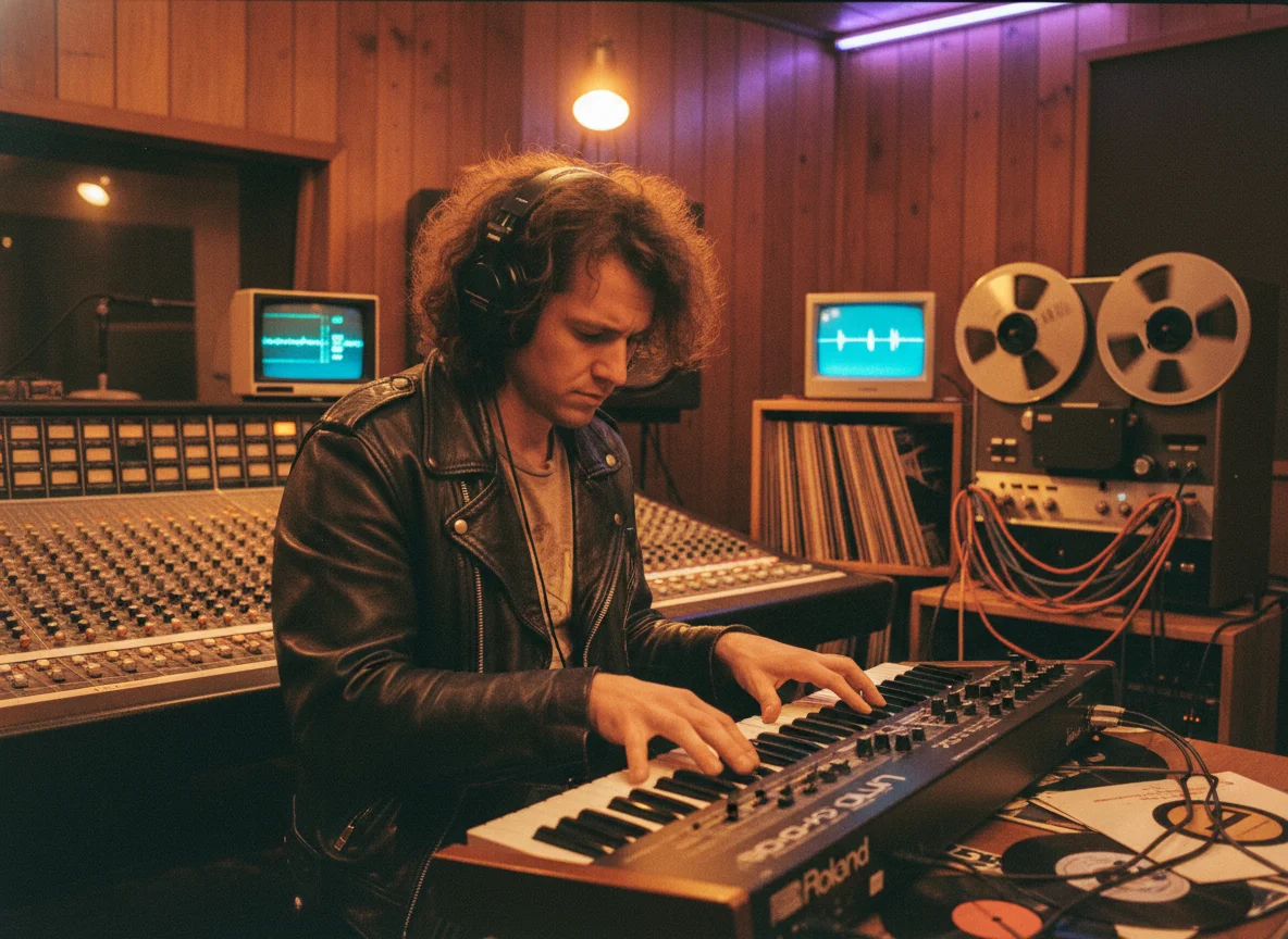 90s musician recording in analog studio with synthesizer