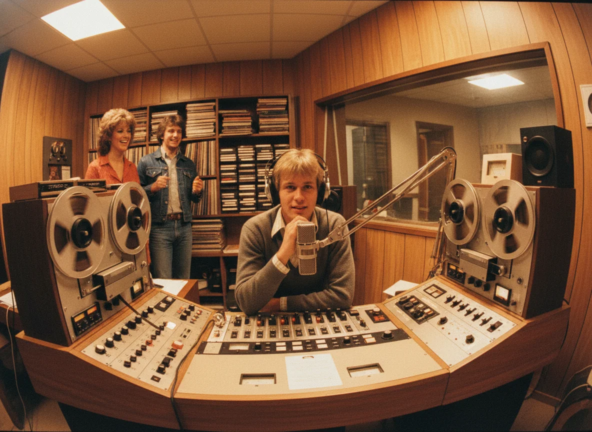 80s radio broadcast studio with reel-to-reel tape recorders