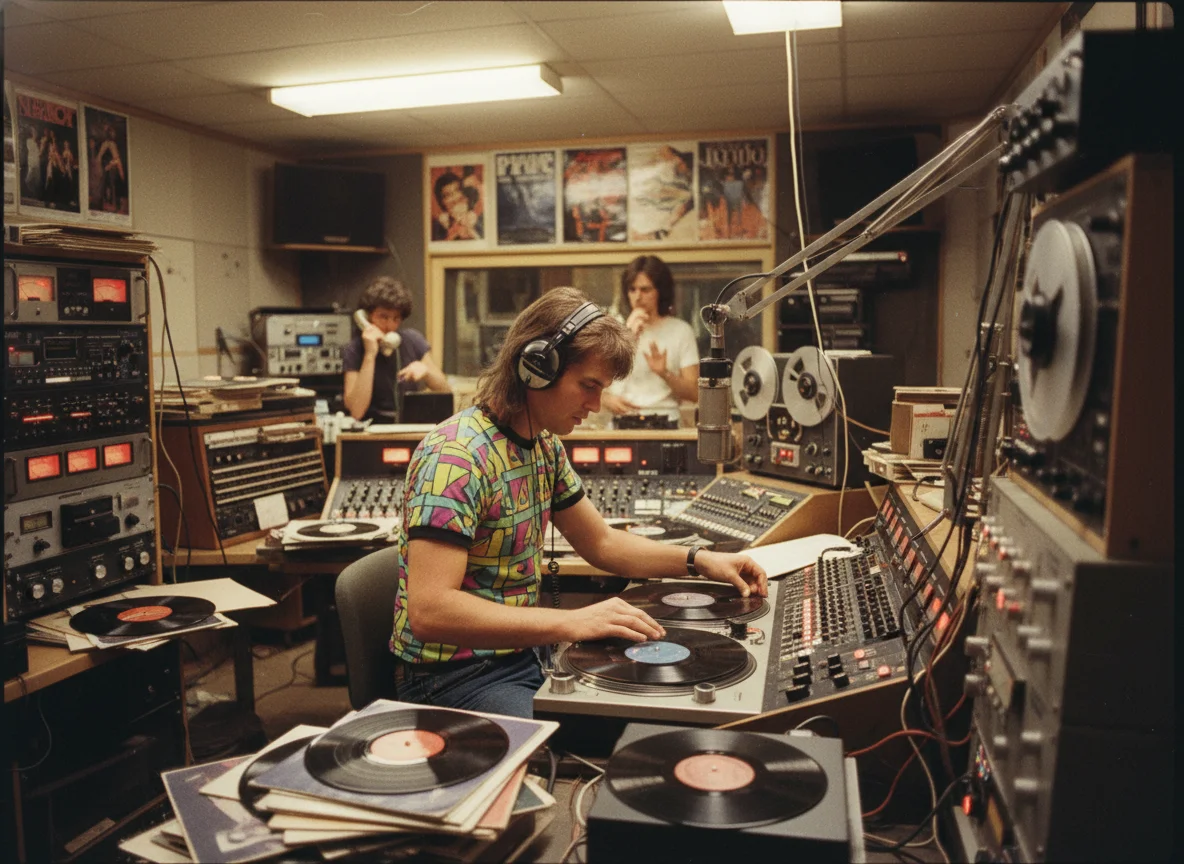80s radio station DJ mixing on turntables
