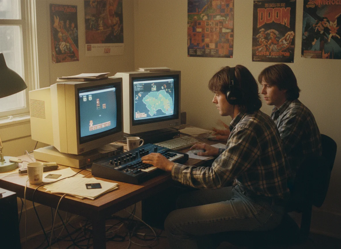90s game developer studio with CRT monitors
