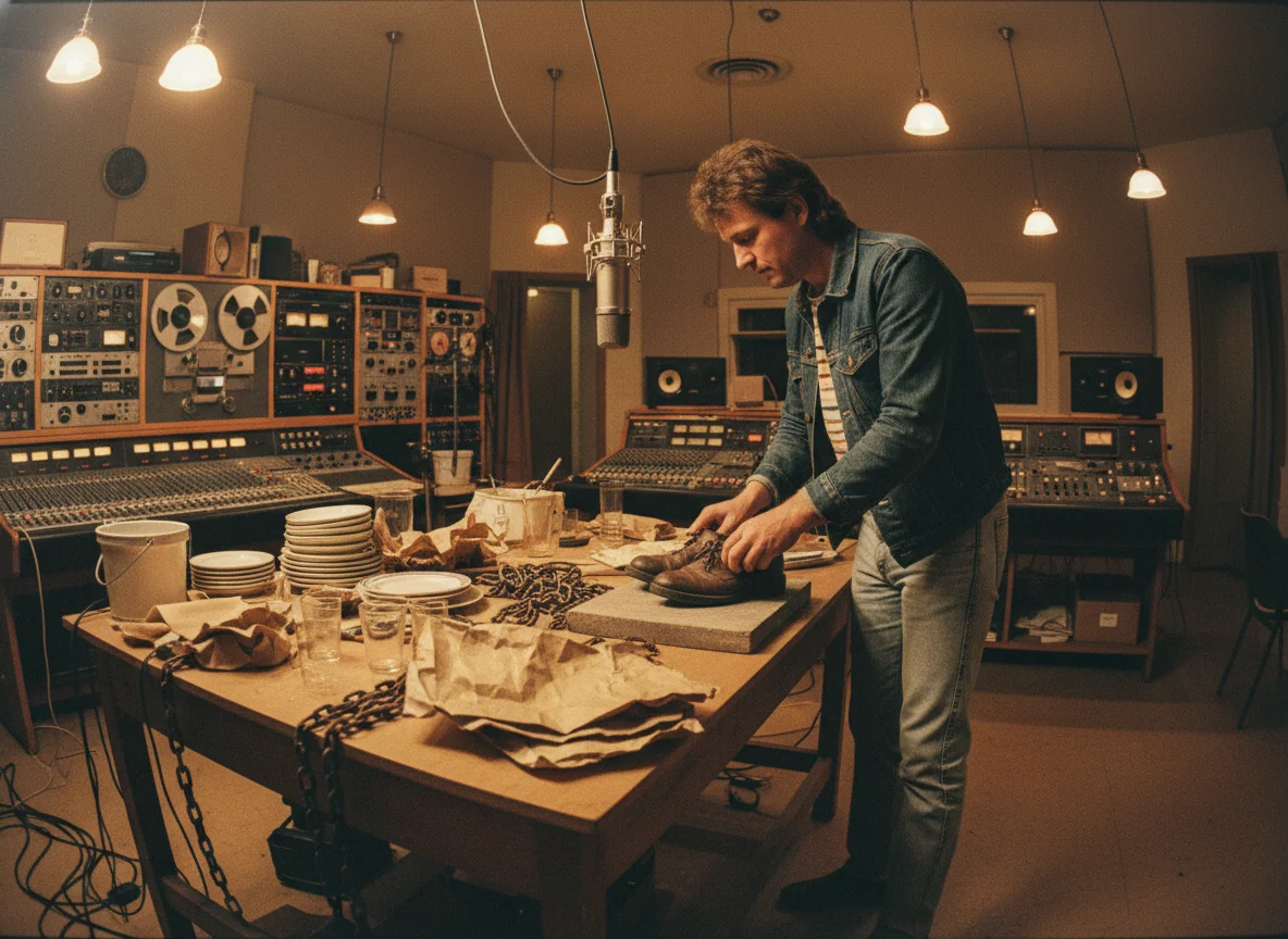 80s foley artist creating sound effects in studio