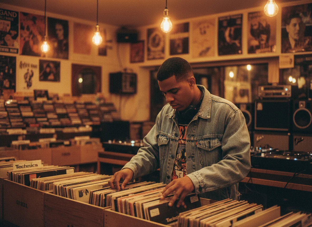 90s DJ crate digging through vinyl records