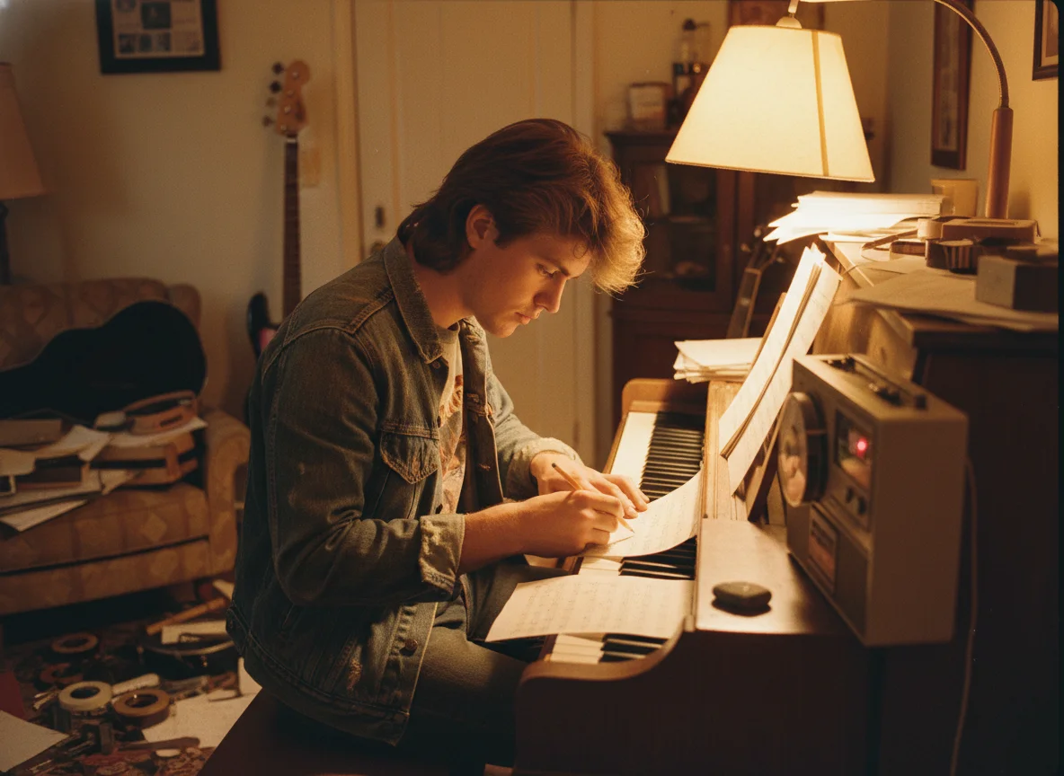 80s music transcription with piano and tape recorder