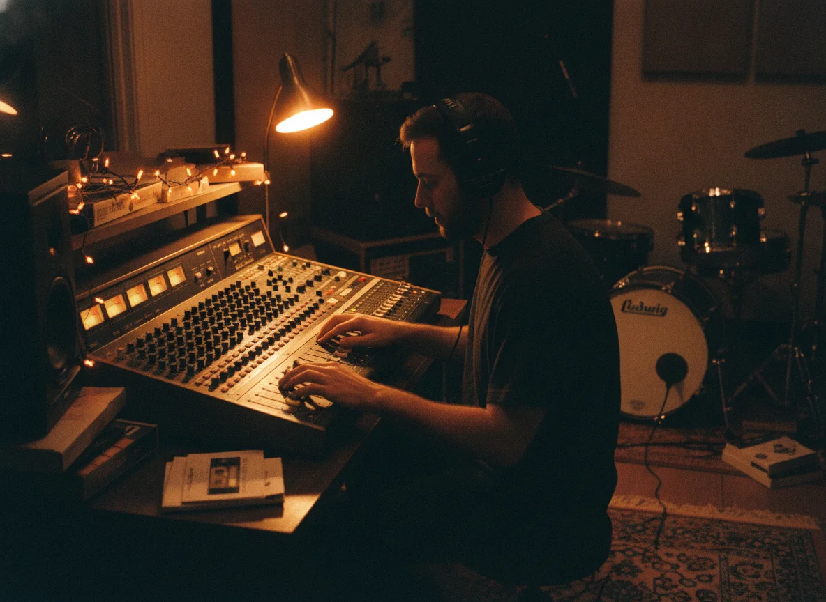 A man with headphones adjusts an analog mixing board, with a drum kit visible in the cozy studio.