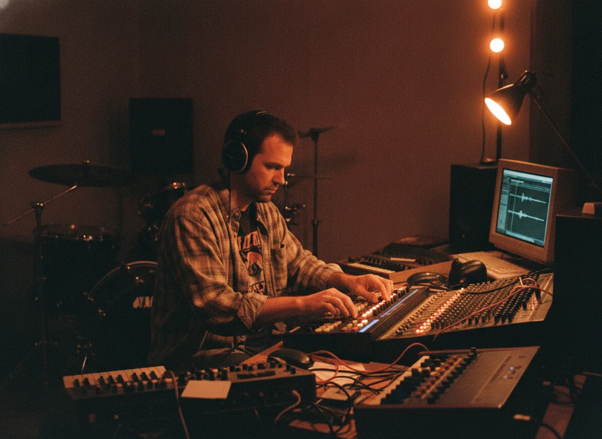 Man with headphones adjusting a mixing console, viewing audio waveforms on a vintage computer monitor.