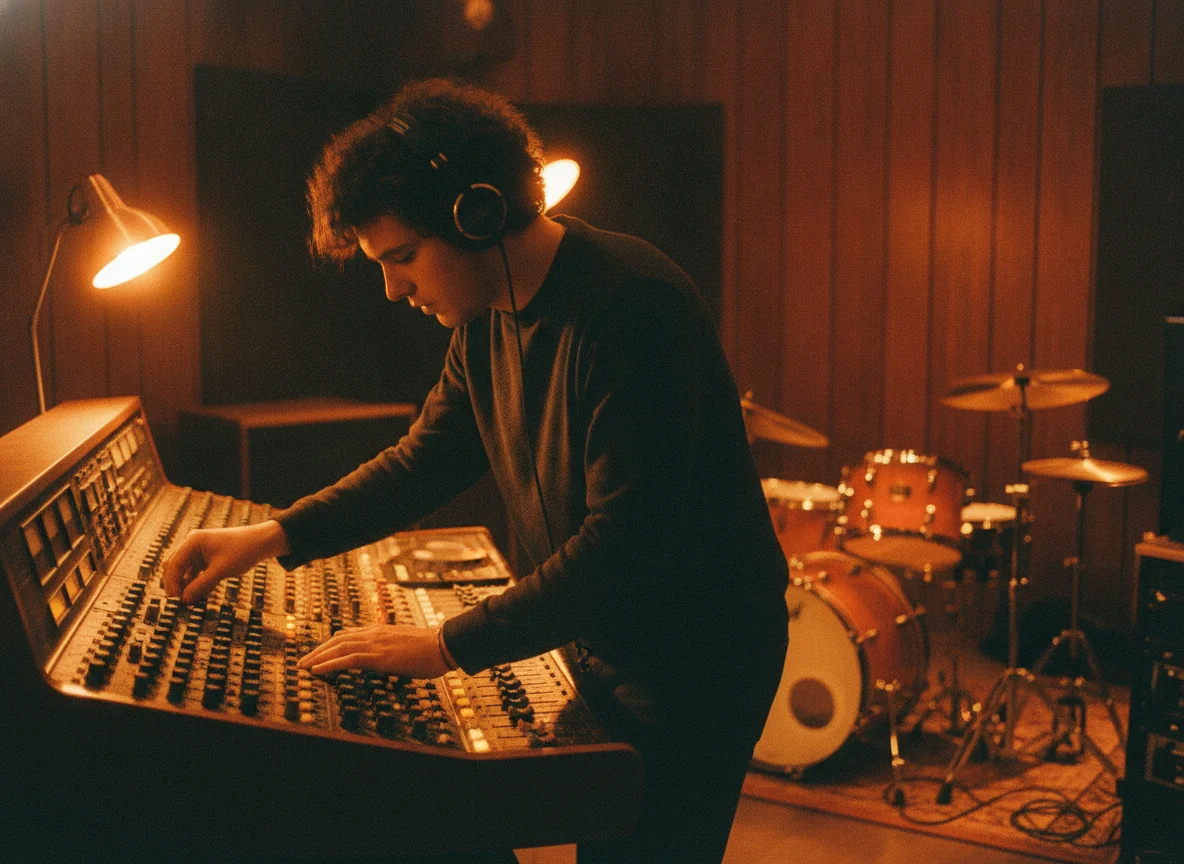 Young man in headphones operates a retro mixing console in a warm studio, with a drum kit behind him.