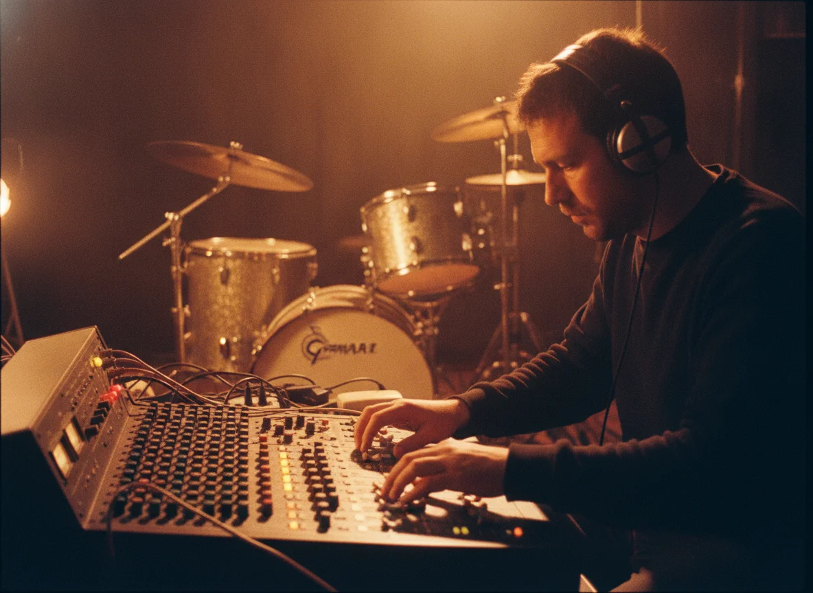 Man in headphones adjusts an audio mixing board; a drum kit is visible in the warm-lit background.