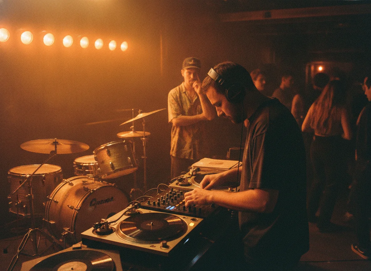 A DJ wearing headphones mixes on turntables, a drum kit and hazy crowd visible under warm lights.