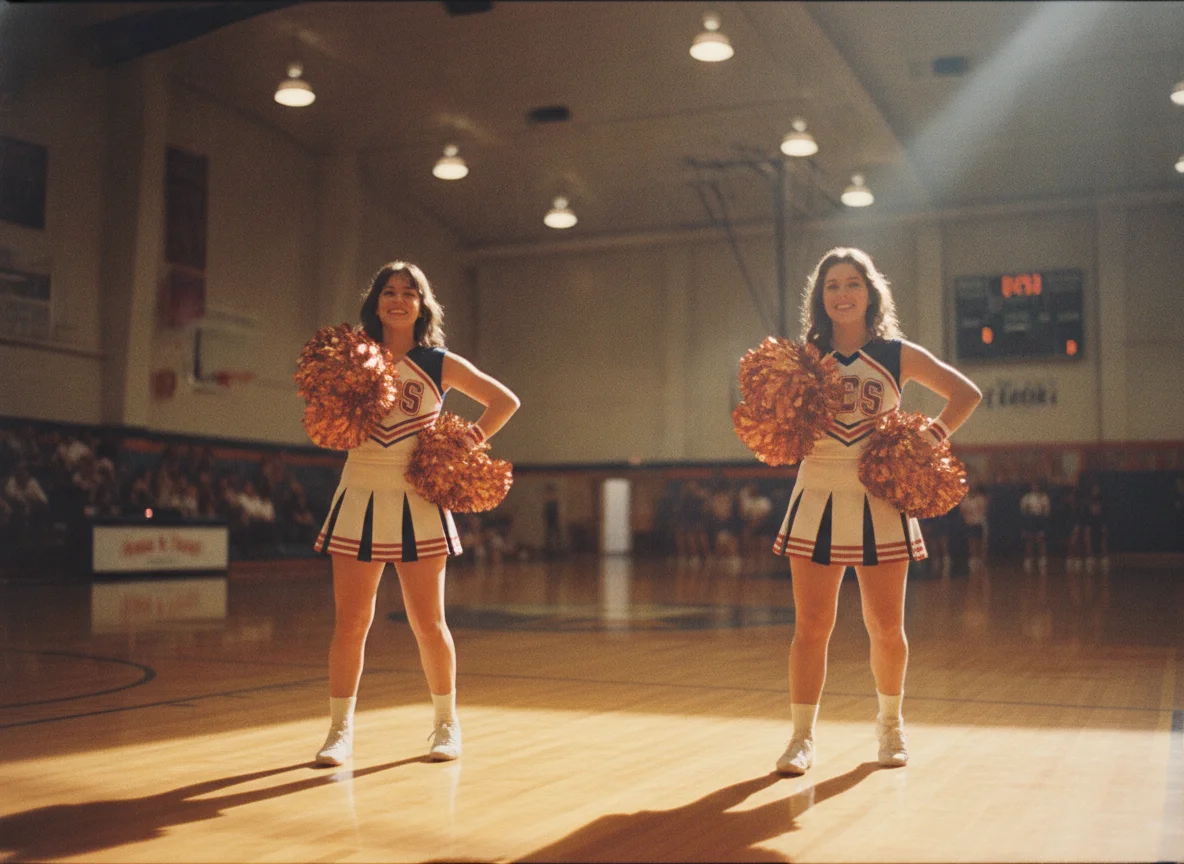 Two smiling cheerleaders in retro uniforms with orange pom-poms stand on a brightly lit basketball court.