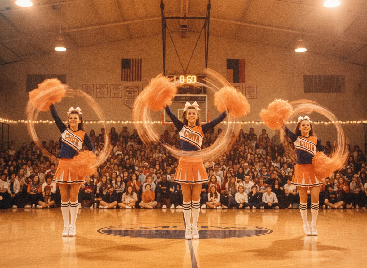 Three cheerleaders in retro uniforms spin orange pom-poms on a basketball court before a large crowd.
