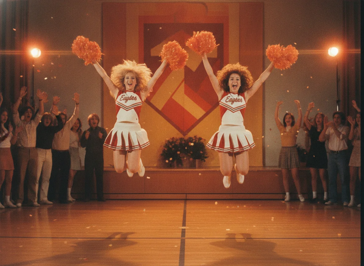 Two smiling cheerleaders in retro uniforms jump with pom-poms as a crowd cheers.