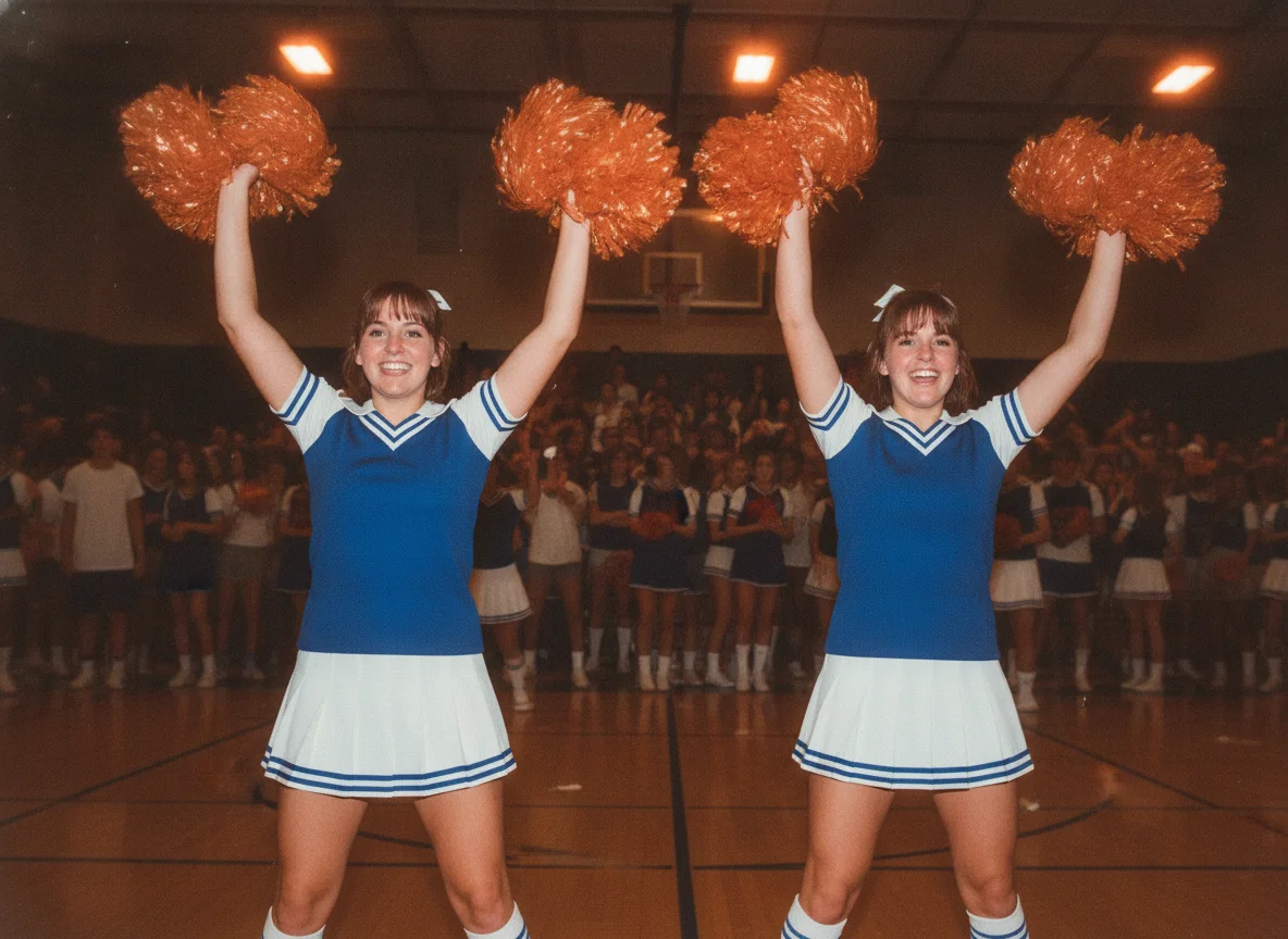 Smiling cheerleaders in blue and white uniforms holding orange pom-poms in a retro school gymnasium.