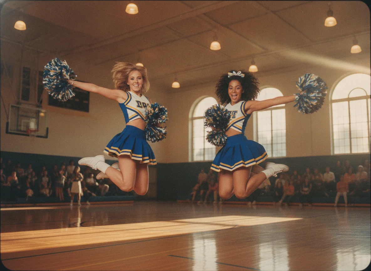 Two smiling cheerleaders in blue and white uniforms jump mid-air with pom-poms in a retro gym.