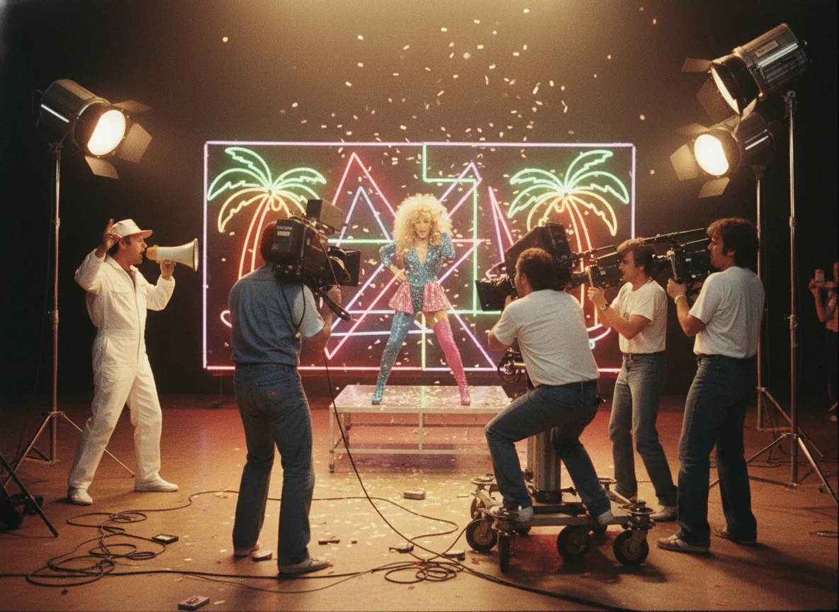 80s MTV era music video filming with camera crew