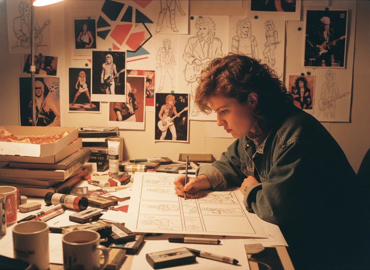 80s storyboard artist drawing scenes for music video