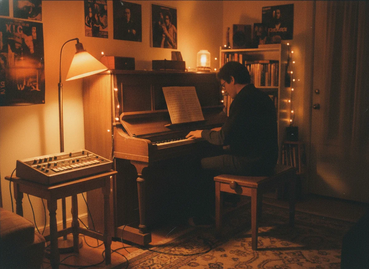 A musician plays an upright piano in a warm, retro room with a synthesizer and music posters.