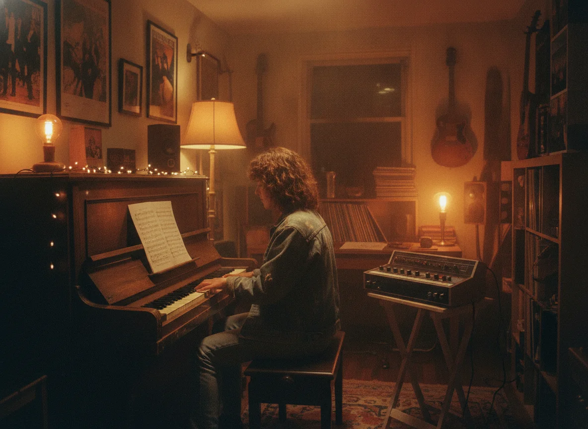 Musician plays an upright piano in a cozy, retro-style room with ambient lighting and music gear.