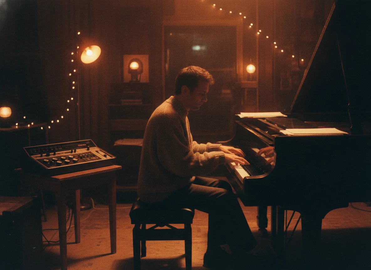 A man in a sweater plays a grand piano in a warmly lit, retro-styled studio with string lights.