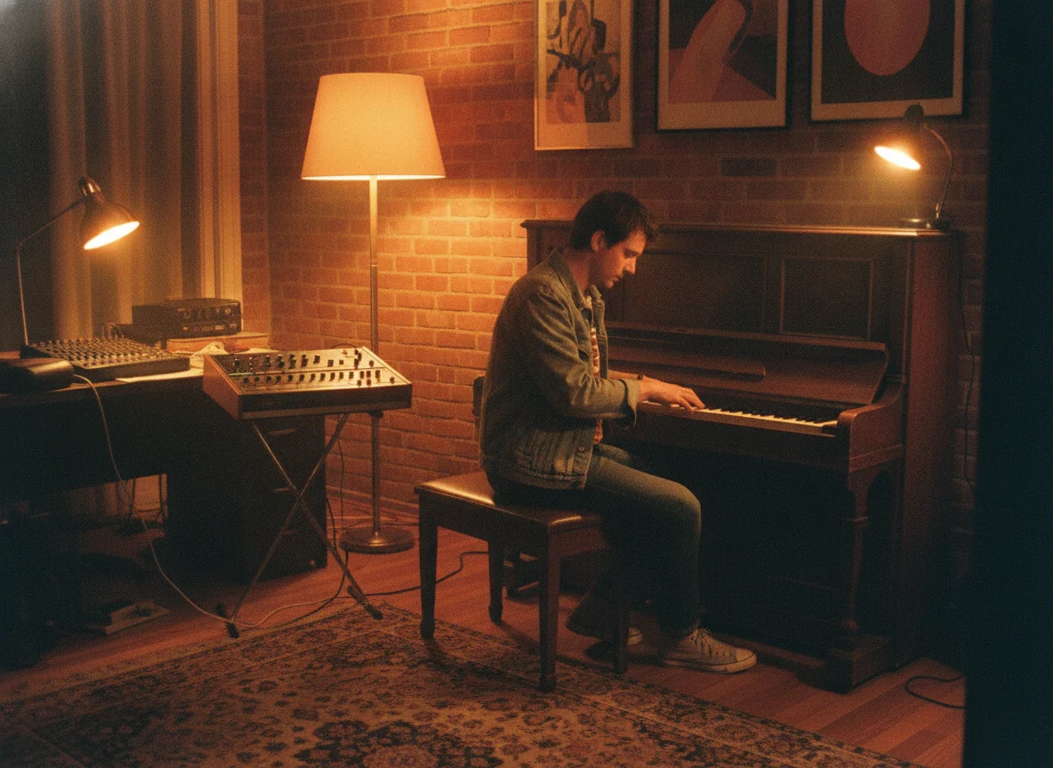A man plays an upright piano in a warmly lit room with a synthesizer and music gear.