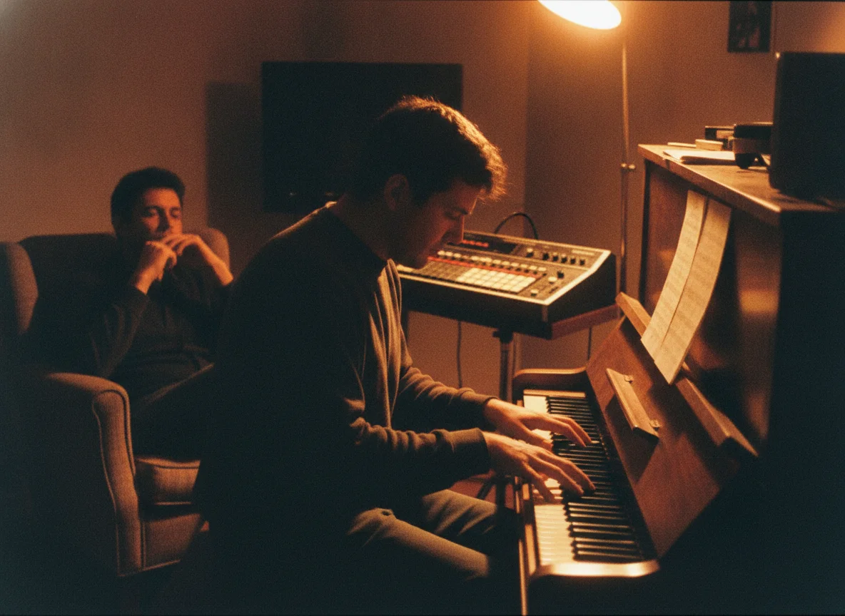A musician plays an upright piano and synthesizer while another man listens intently nearby.