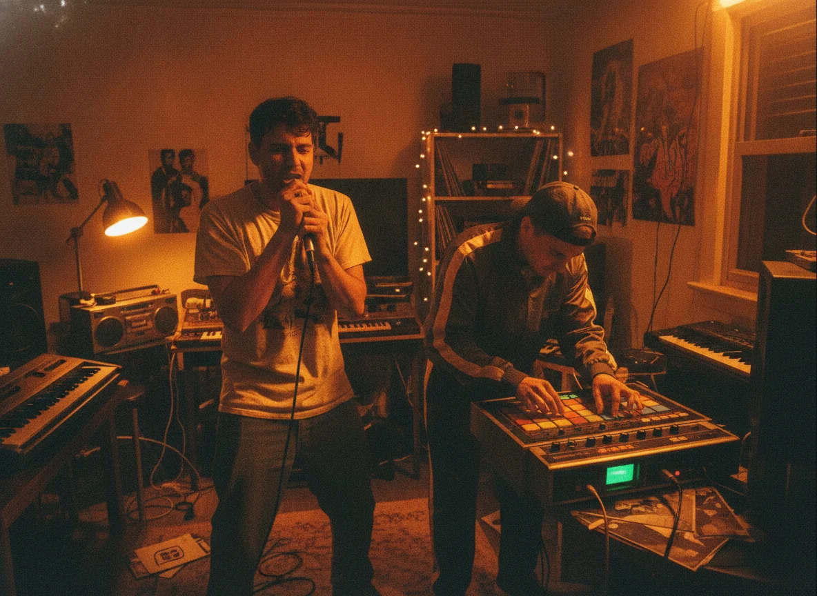 Two men practicing music in a retro-style room, one rapping into a microphone, the other on a beat machine.