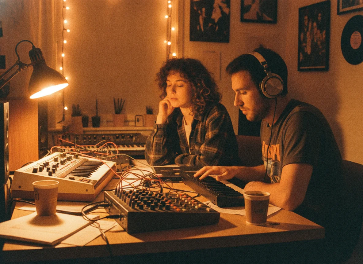 Two musicians work intently on synthesizers and a mixer in a warmly lit, retro home studio.