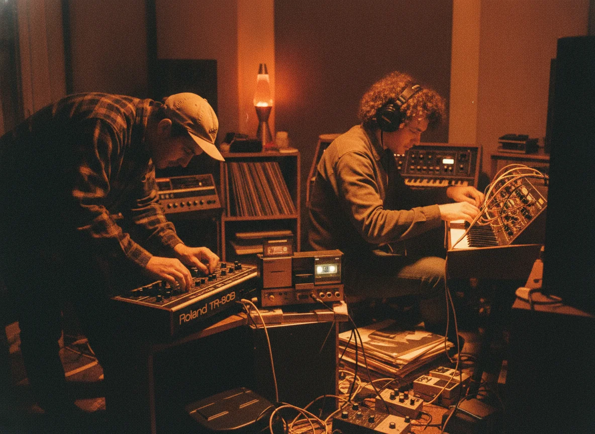 Two musicians make music in a warm, retro studio with vintage synthesizers, a drum machine, and records.
