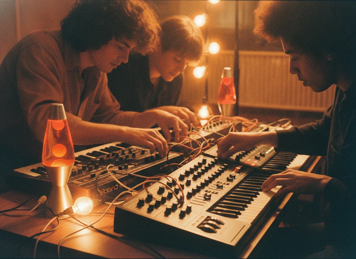 Three individuals focused on vintage synthesizers and patch cables, illuminated by two glowing lava lamps.