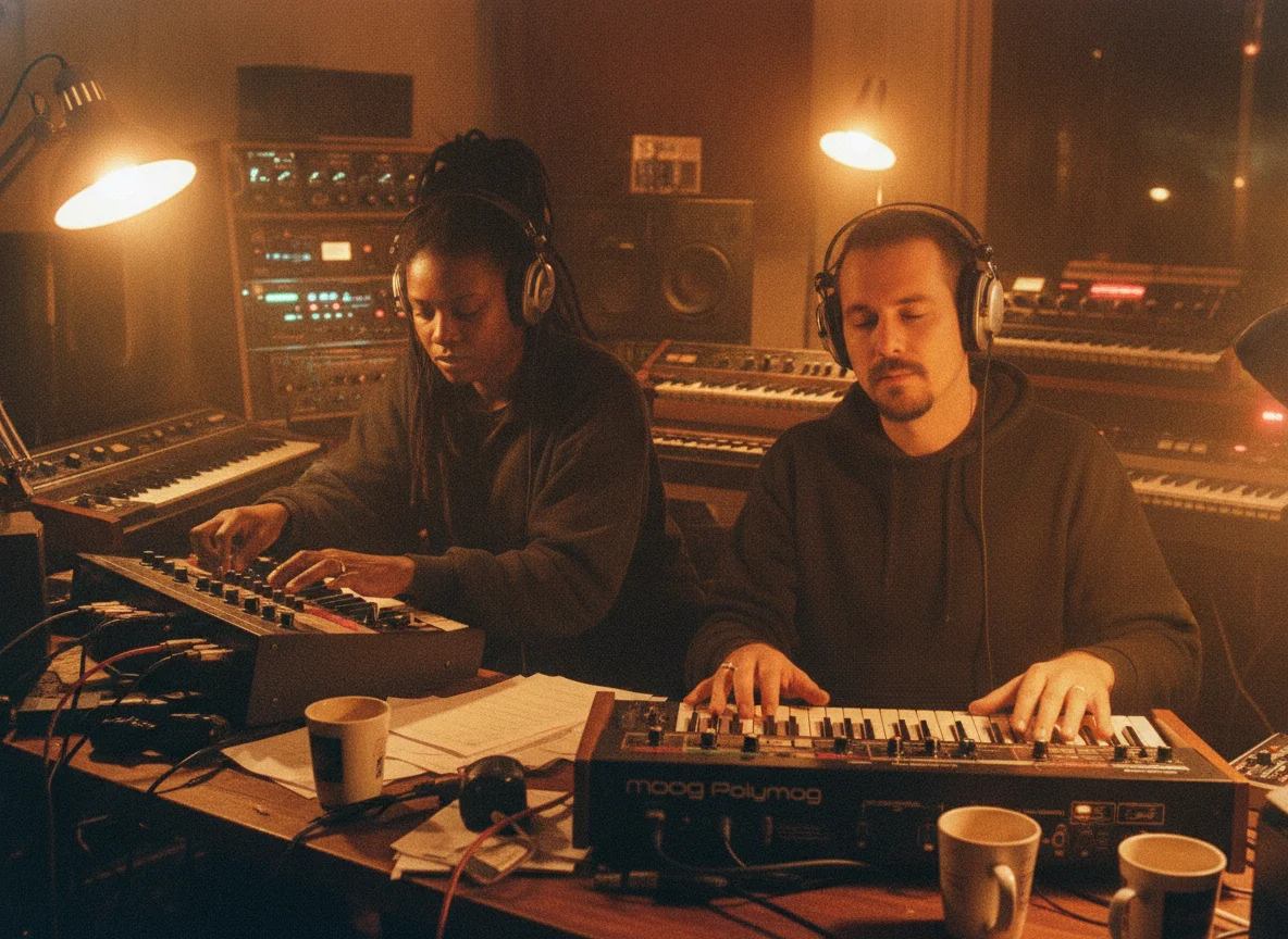 Two people wearing headphones concentrate on playing synthesizers in a retro studio.