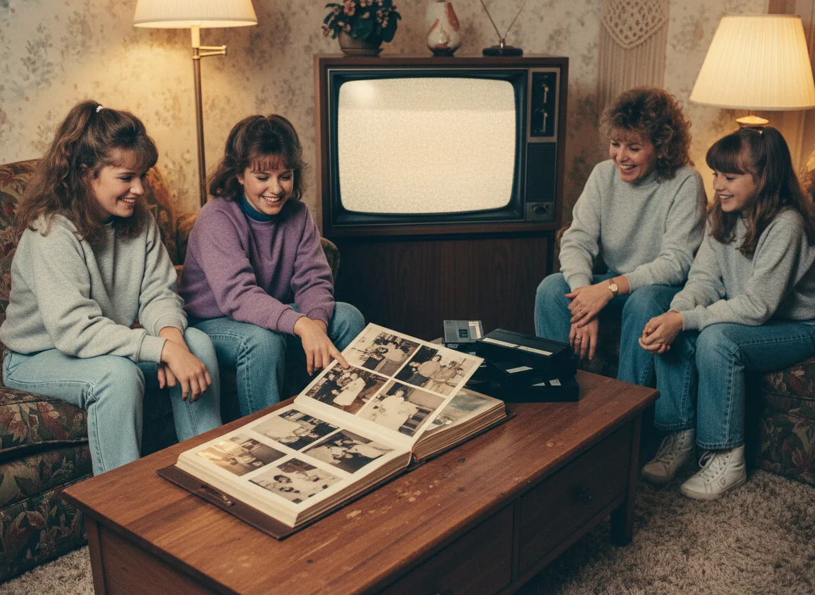 80s family photo album with vintage photos and VHS tapes