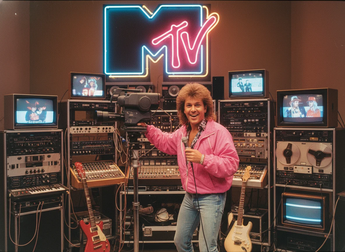 80s MTV studio set with video jockey and monitors