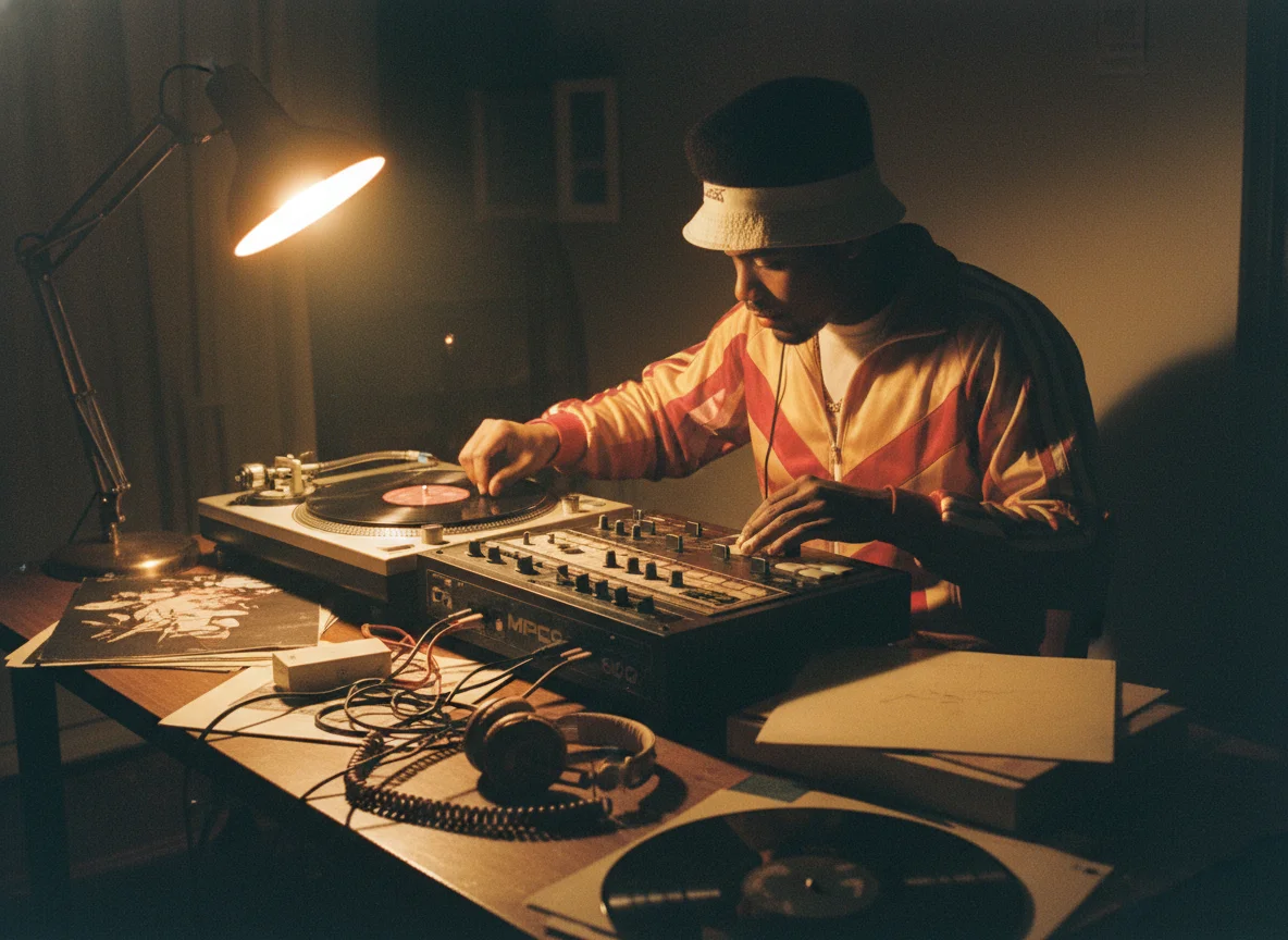 80s hip-hop producer sampling vinyl records