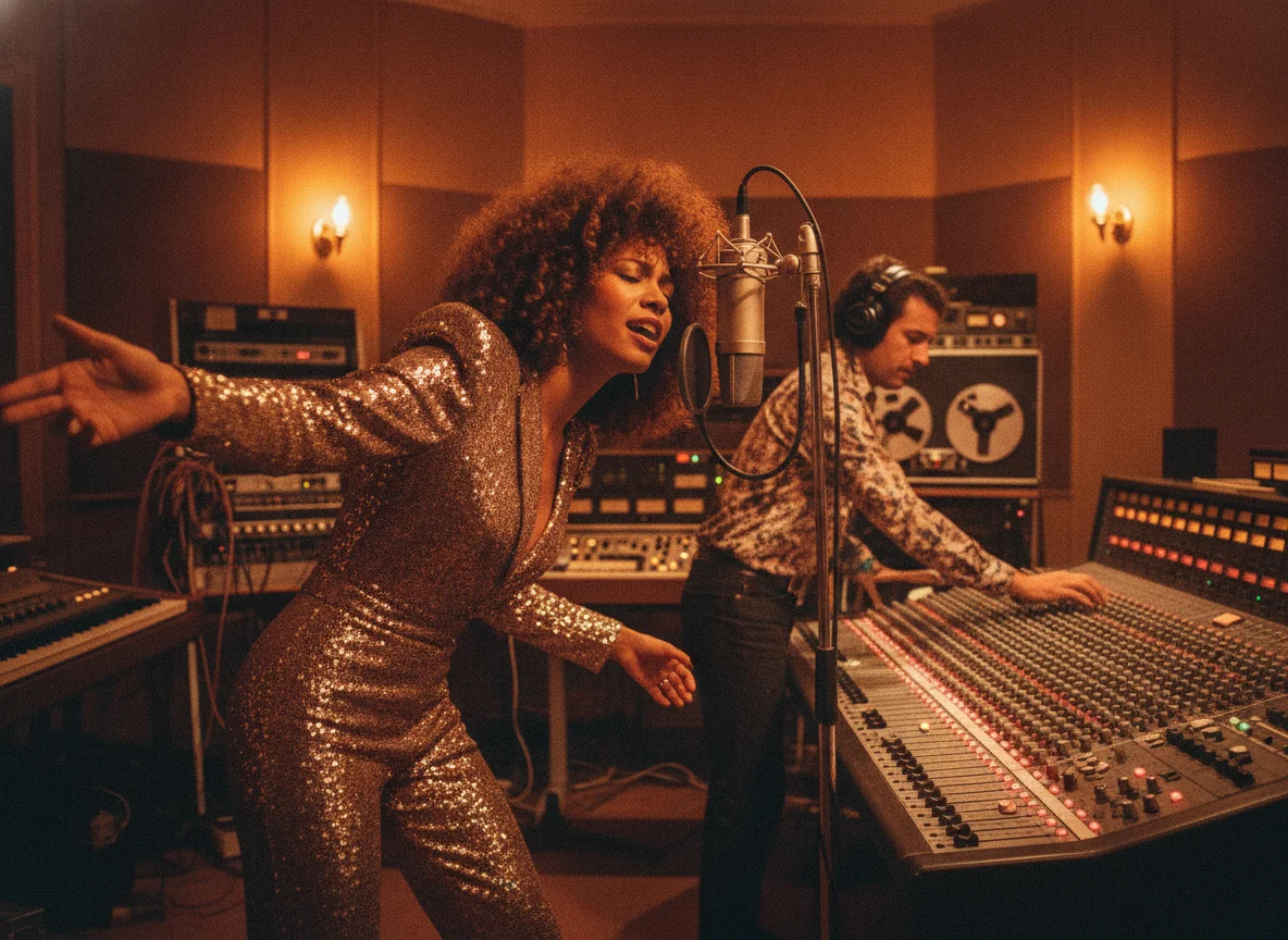 A sparkling singer performs into a microphone as an engineer works a large retro studio mixing board.
