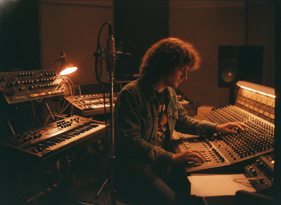 Young person mixing audio at a console, surrounded by synthesizers and a studio microphone in warm light.