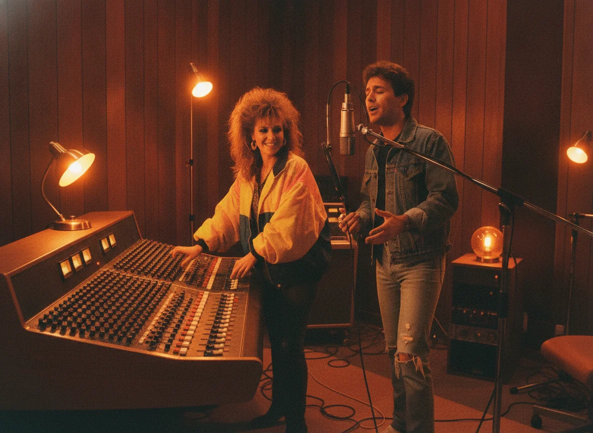 A woman operates a mixing console while a man sings into a microphone in a retro recording studio.