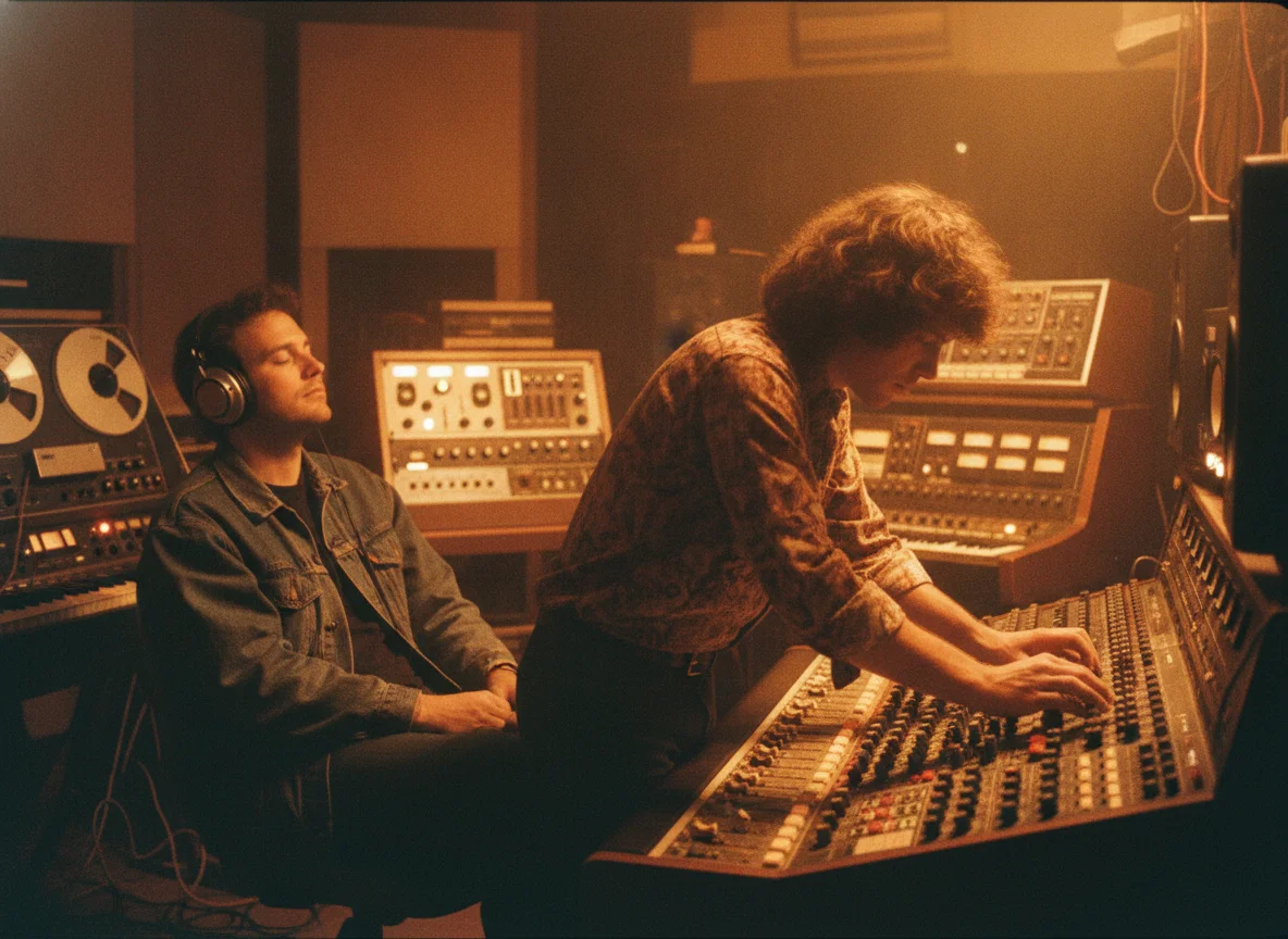 Two men in a warm-lit retro recording studio, one listening, the other adjusting a mixing console.