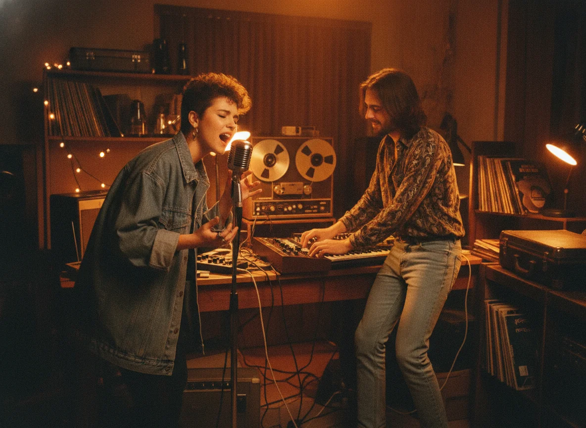 A female singer performs into a vintage microphone alongside a male keyboardist in a retro recording studio.